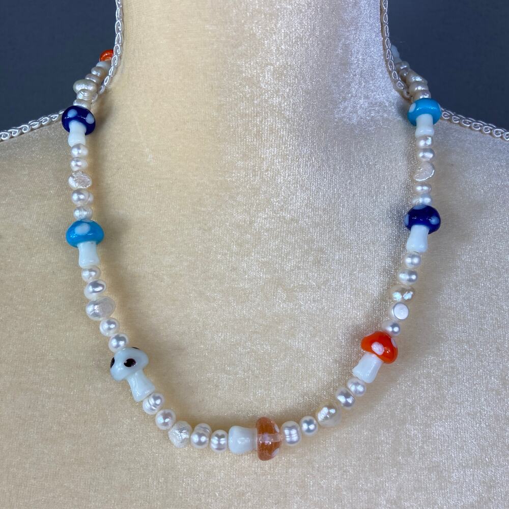 Multi Color Glass Bead Mushroom Pearl Necklace 20 Inches Necklace - Picture 1 of 8